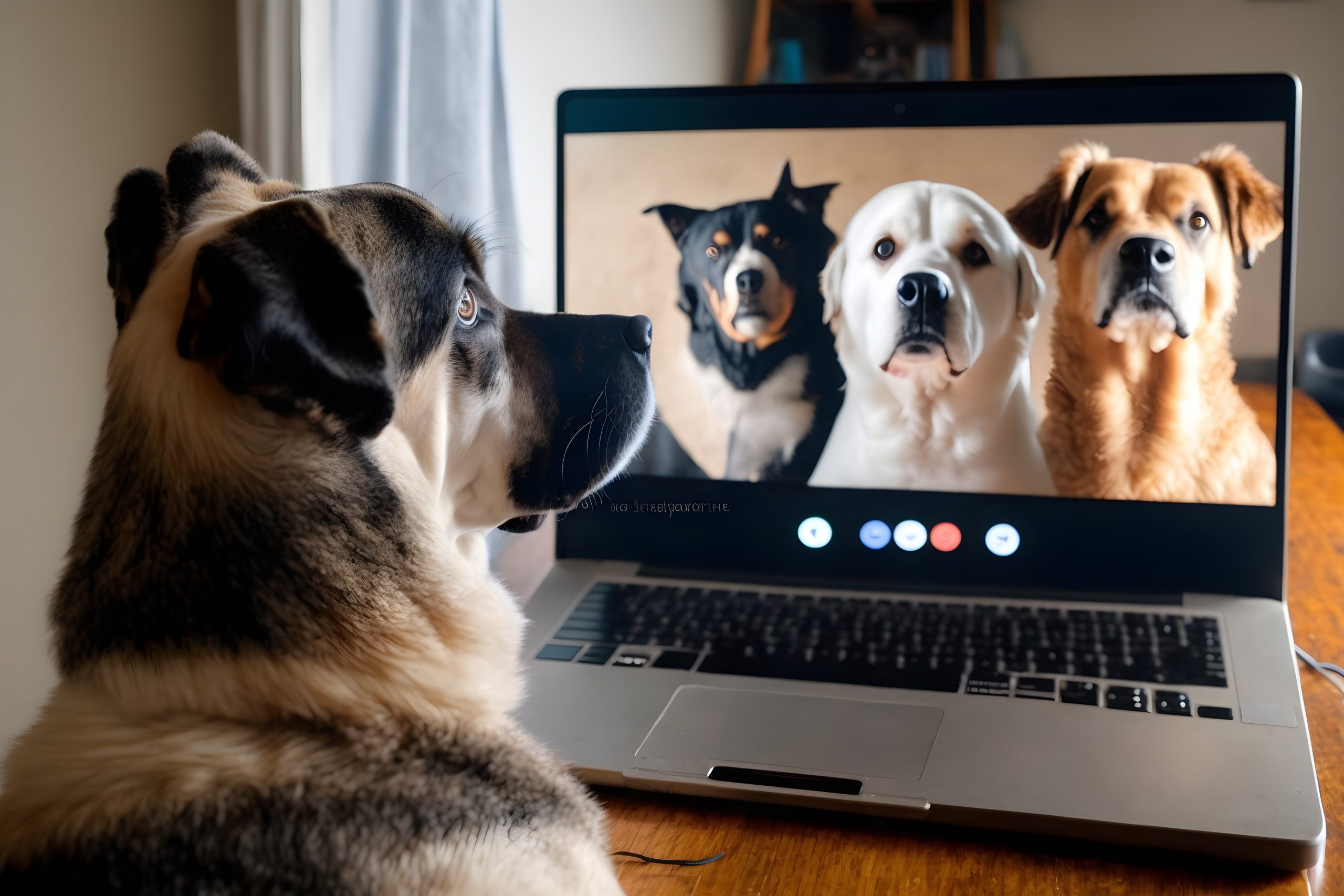 Back view of a dog participating in a video conference with other dogs. A group of dogs are using a laptop to conduct an internet video conference. Chatting online are a labradoodle and a boxer