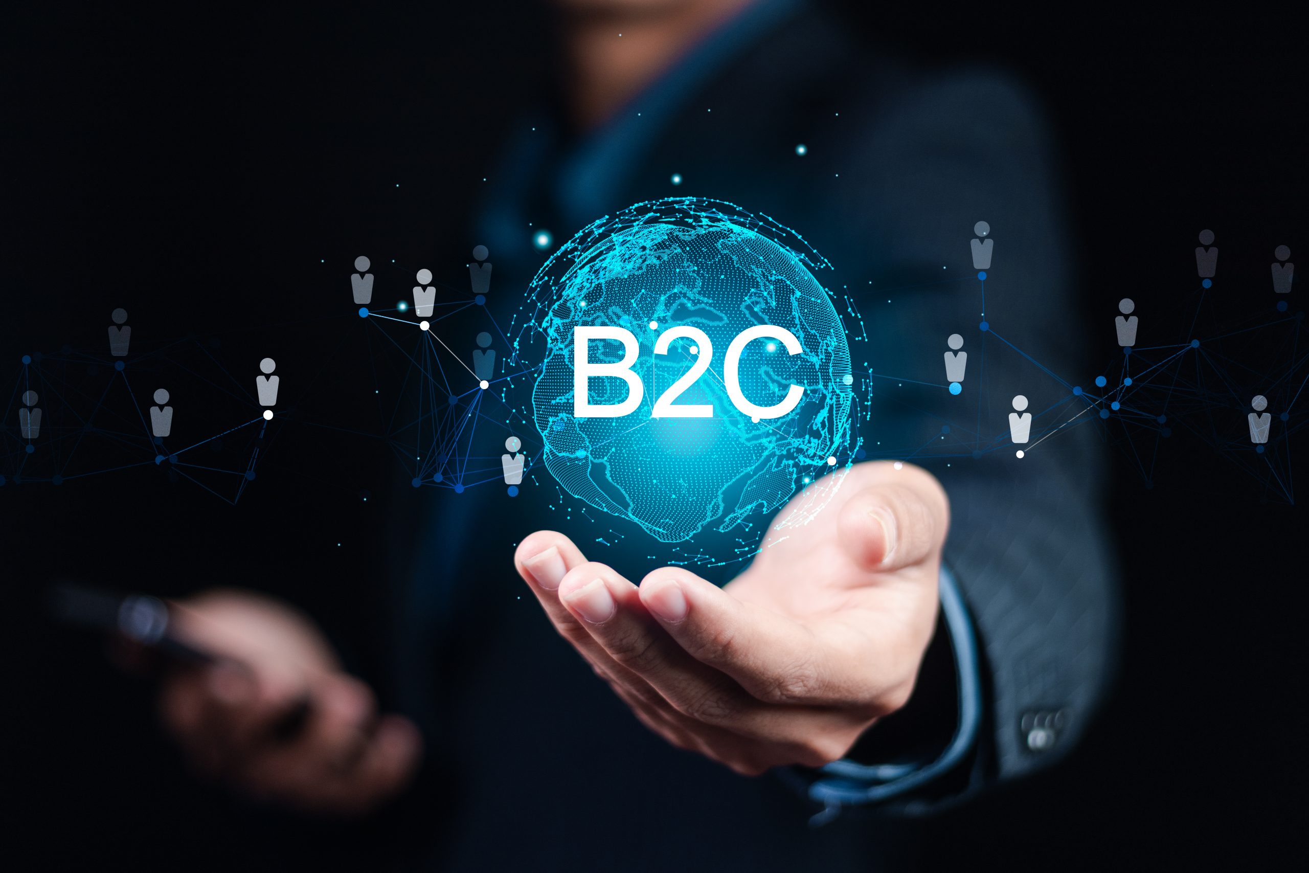 B2C, Business to customer marketing strategy concept. Business strategy, communication, feedback, online marketing and E-commerce marketing strategy.