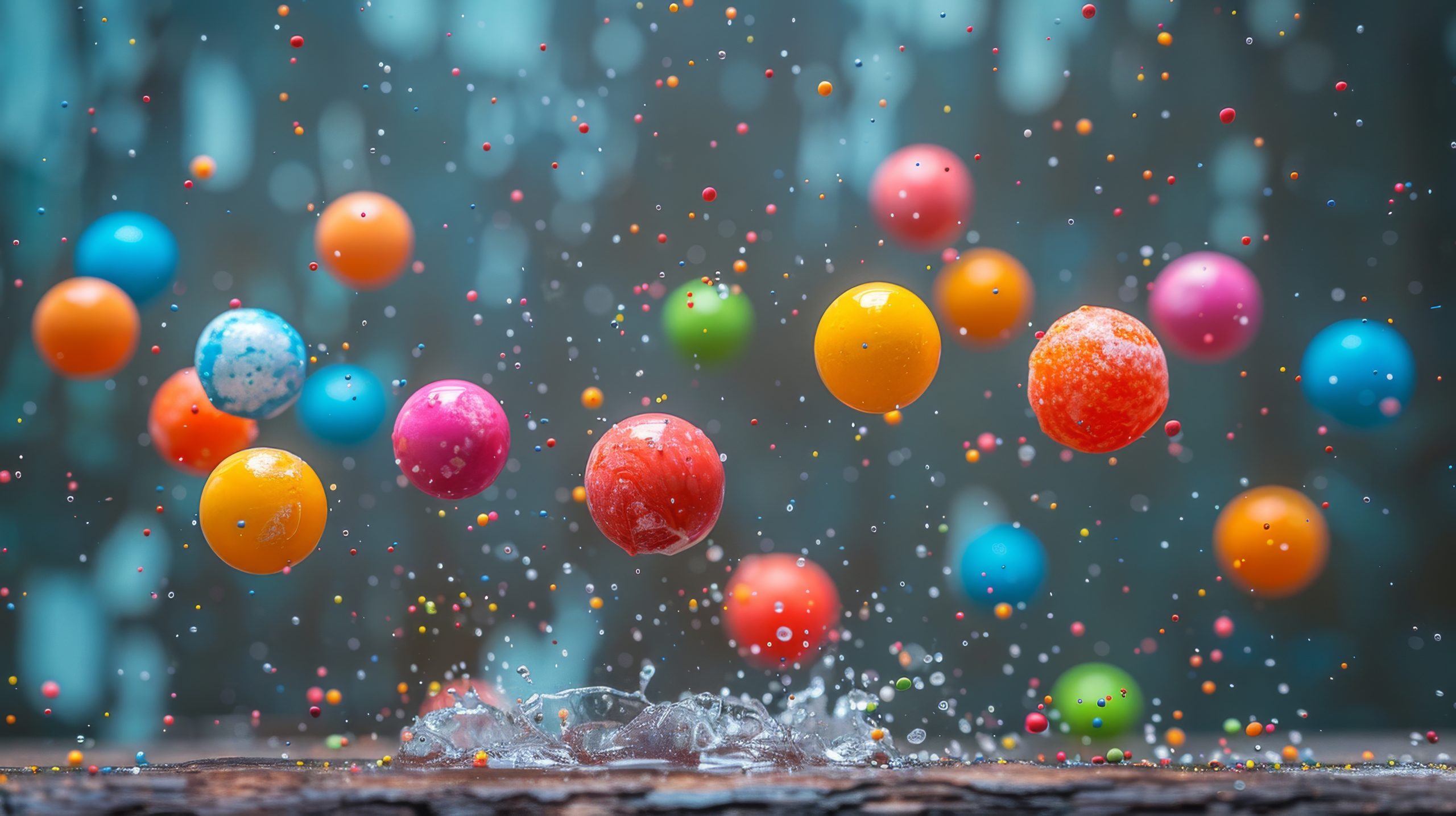 Colorful bouncing balls with water splashes in mid air. Abstract concept of energy, playfulness, and childhood joy.